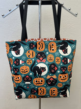 Load image into Gallery viewer, Happy Halloween Black Cats and Jack-o-Lanterns on Grey; Pumpkins for Sale; Spooky Visit