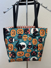 Load image into Gallery viewer, Happy Halloween Black Cats and Jack-o-Lanterns on Grey; Pumpkins for Sale; Spooky Visit
