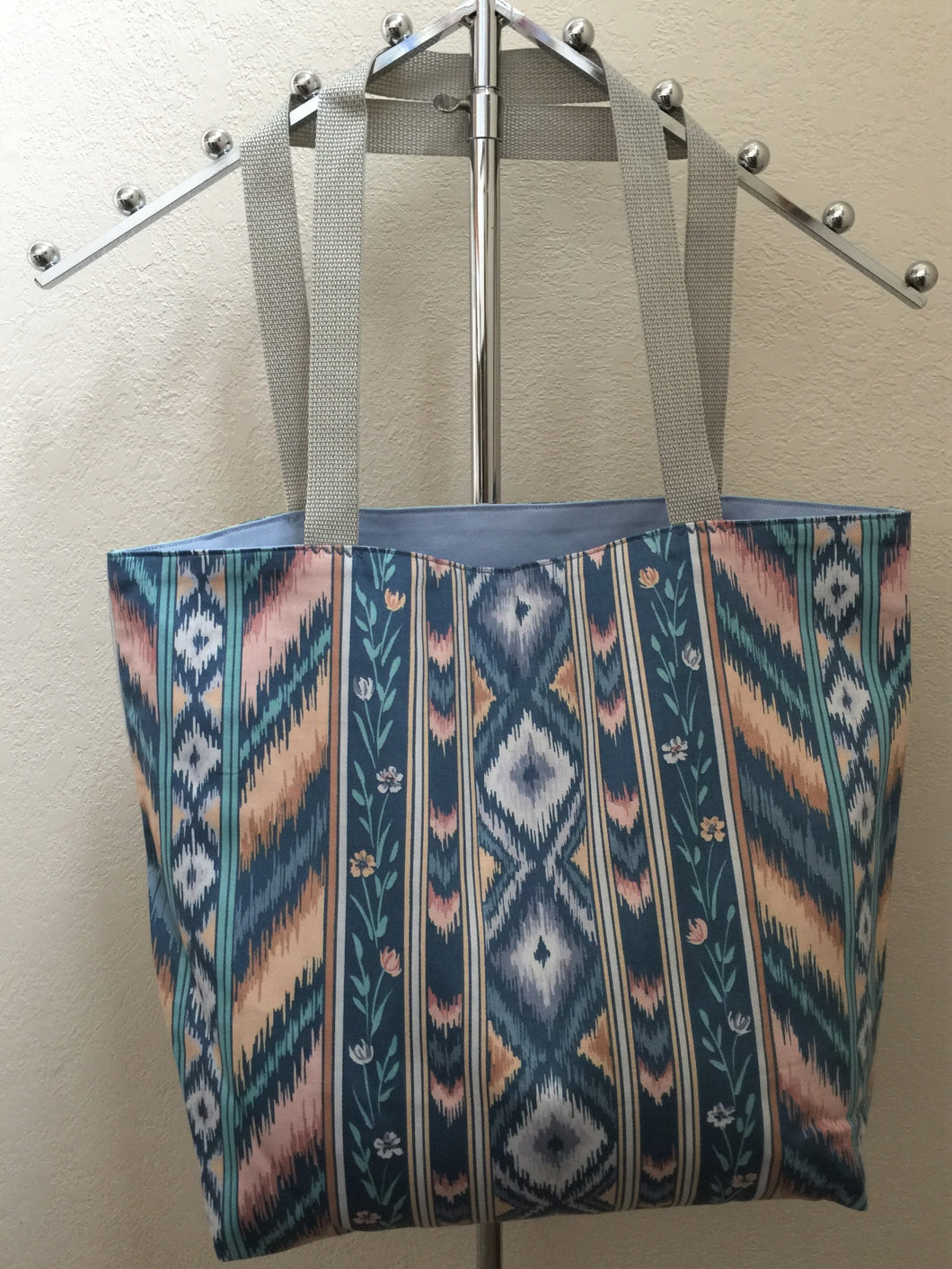 Southwestern Pattern – Stripes with Diamonds and Flowers in Blue and Peach